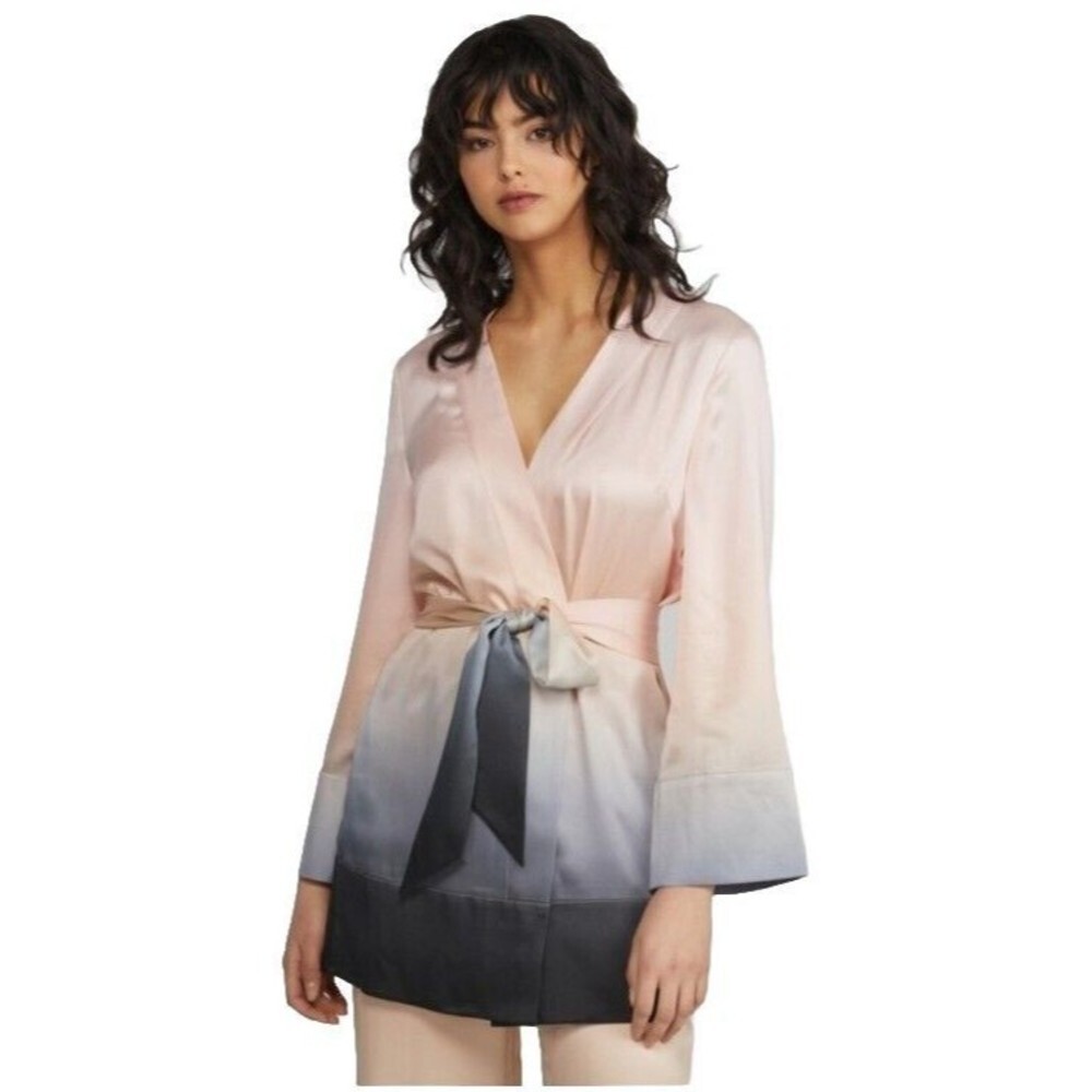 NWT! Badgley Mischka loungewear Pink Grey washable 100%  silk Kimono Ombre
